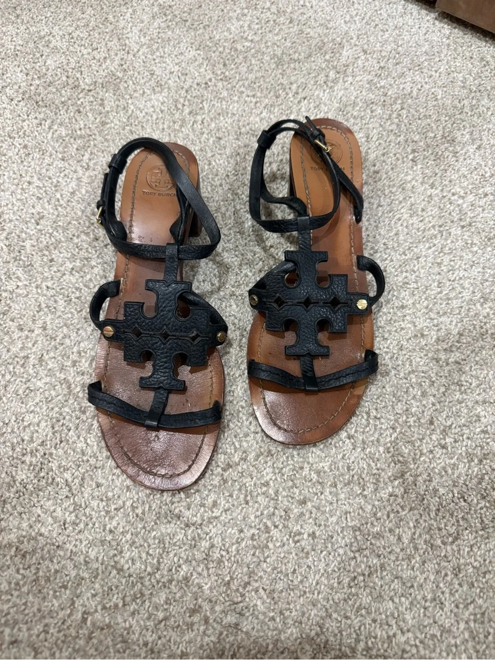 Tory Burch chandler Black Logo Leather T-Strap Sandals